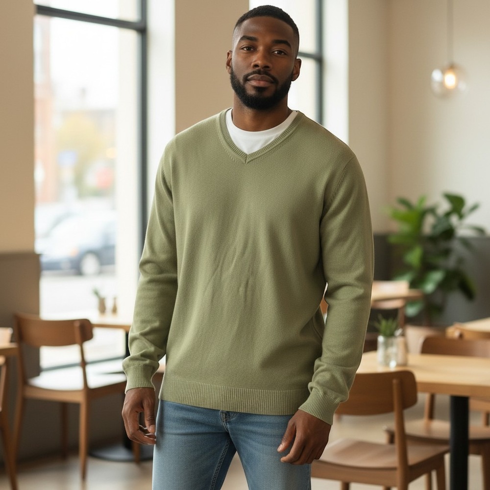 Unbranded V-Neck Sweater Size XL Sage Green Excellent Pima Cotton Ribbed Trim